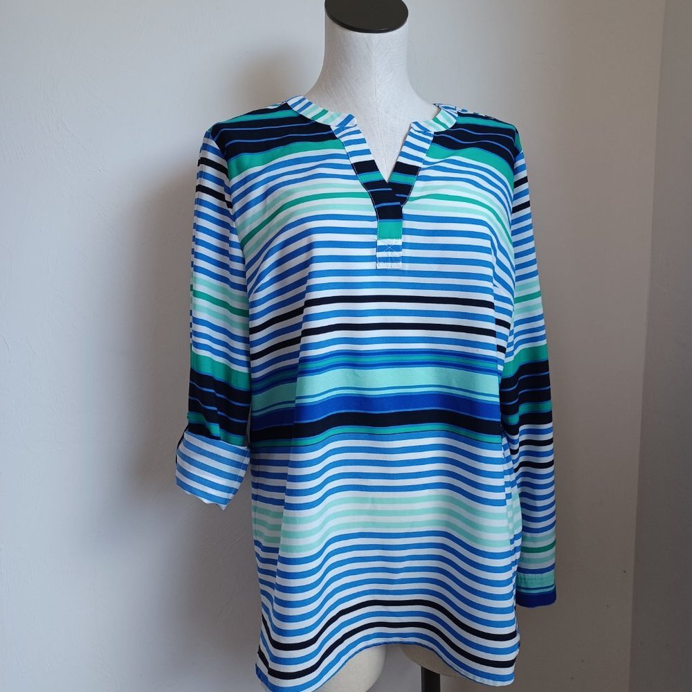 Talbots Blouse Stripe Roll Tab Sleeve Tunic Length Size Large - Picture 6 of 16